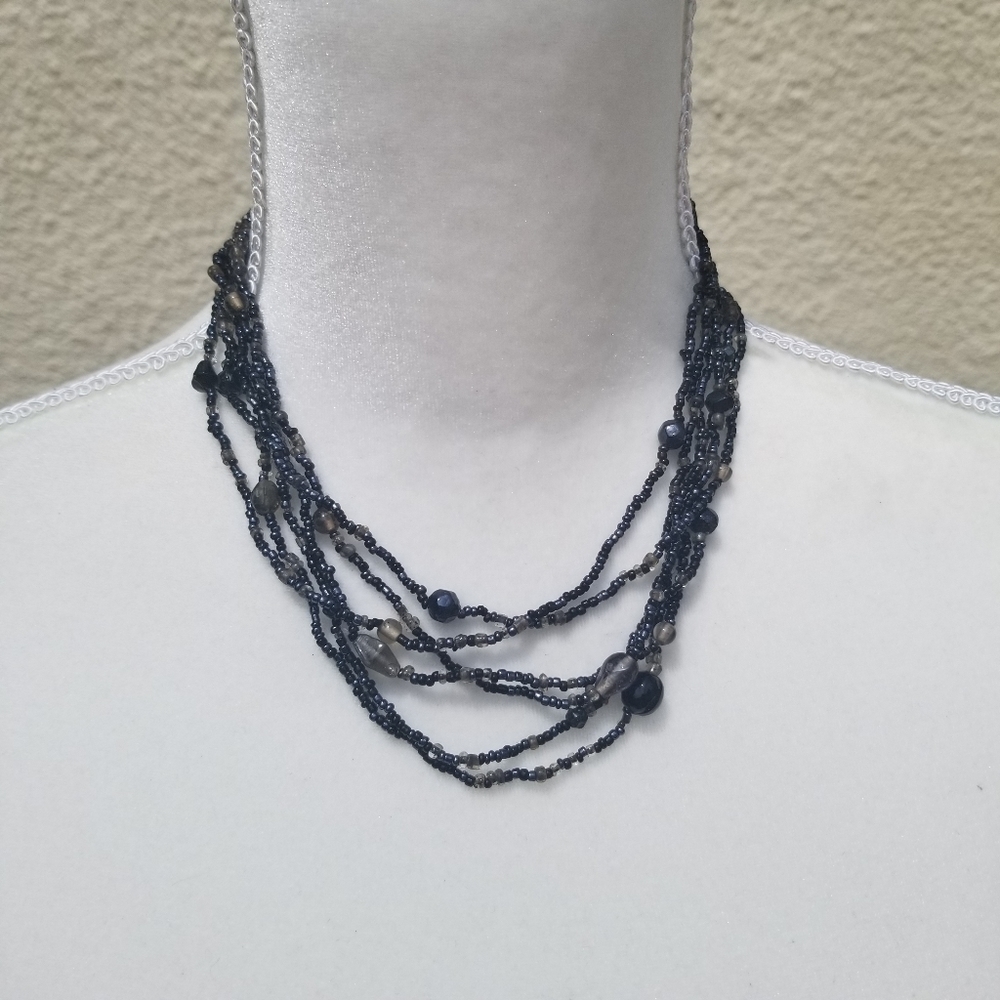 six strand layered seed bead necklace metallic black gray